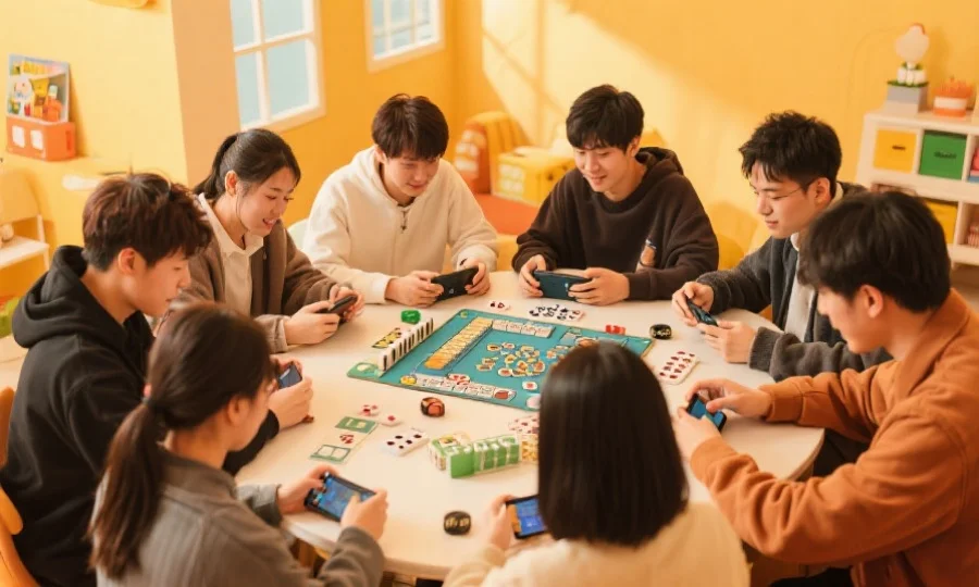 多位用户围坐在桌前,专注地操作各类休闲与棋牌类游戏,背景明亮温馨